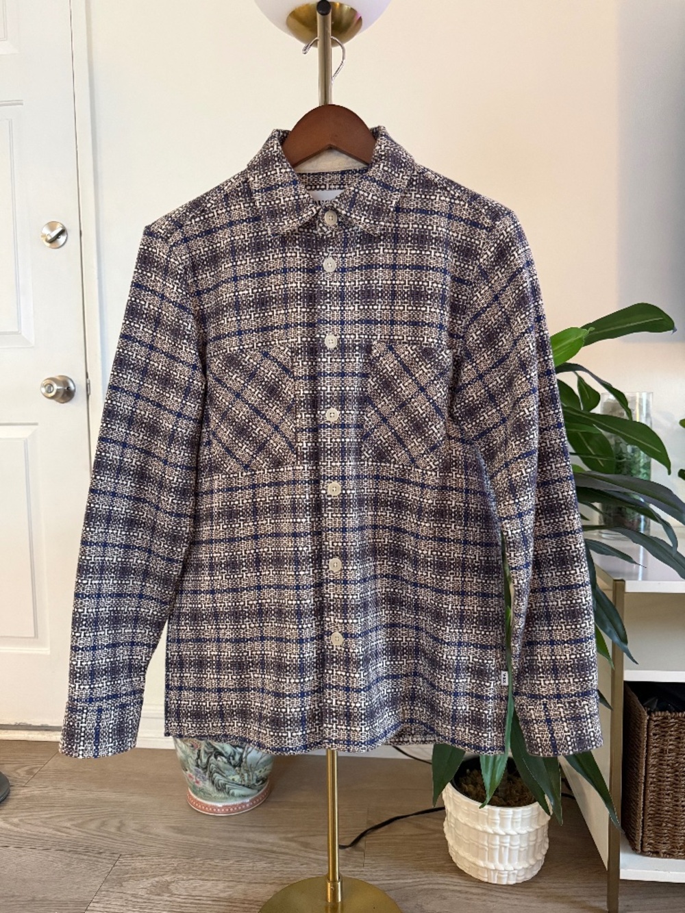 Wax London Whiting Overshirt | Navy Cream Check Tweed | XS